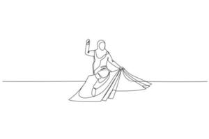 Drawing of muslim woman using flying book. metaphor for knowledge and education. Single line art style vector