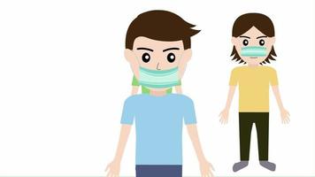 animación de cómo a vestir un máscara a evitar virus y social distanciamiento para enfermedad vistiendo máscara para evitar corona virus y acuerdo distancia para infección riesgo video