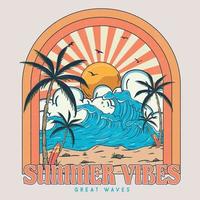 vector Palm tree, sunset, sunrise, surfboard, vector graphic print design. Summer paradise Vibes Great Waves. Summer vibes tropical graphic print design.