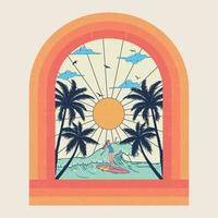 Girl surfing at beach. Summer vibes tropical graphic print design. Rector vector Palm tree, sunset, sunrise, surfboard, vector graphic print design.