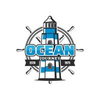 Ocean journey icon, lighthouse and steering wheel vector