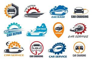 Car repair and wash service, charging station icon vector