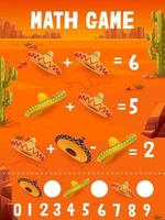 Math game worksheet, Mexican sombrero, cactus vector