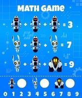 Cartoon droids and robots, math game worksheet vector