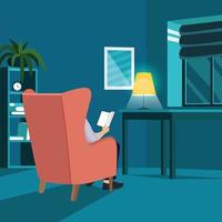 Man reading book in the dark. Male character sitting in the armchair under the lamp and holding book back view angle vector