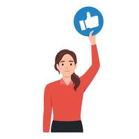 Young woman showing thumb up and like social network buttons around her. Woman with laptop and like social network buttons with thumb up. Flat vector illustration isolated on white background