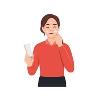 Beautiful woman cares for her facial skin. Girl applies cream to her face. Self-care concept. Morning routine. Lady with a jar of cream in hands. Flat vector illustration isolated on white background