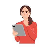 joven mujer es utilizando un toque almohadilla tableta portátil computadora. joven mujer sostiene toque almohadilla y piensa preocupado temeroso y asustado emoción. plano vector ilustración aislado en blanco antecedentes