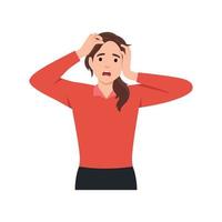 Frustrated young woman holding hands on her head. Scared or shocked girl's expression. Unhappy sad female person screaming. Emotional stress. vector