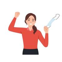 Happy Excited Girl Taking Off Medical Mask Post Pandemic. Young woman feeling released and thankful for lifted restrictions after coronavirus health crisis. Flat vector illustration isolated