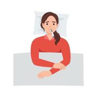 Woman suffering from flu in bed under blanket. She has fever and take thermometer in mouth with tissue paper and medicine on bed. Flu or cold allergy symptom vector