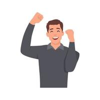 Young man winning at work. Businessman with strong emotions on his face. Fist up happy. vector