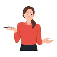 Young puzzled woman gesturing do not know and holding smart phone in hand. Oops, question, doubt, i don't know. Human emotion and body language concept vector