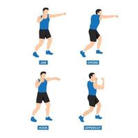 Man doing boxing moves exercise. Jab Cross Hook and Uppercut movement. Shadow boxing. Flat vector illustration