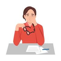 Sketch of businesswoman feeling sick and tired in front of papers and pen vector