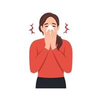 Female character sneezing, coughing in tissue. Prevention against virus, infection. Sick woman sneeze in handkerchief to prevent germs from flying from her mouth. vector