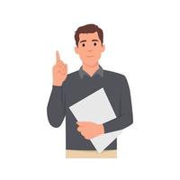 Happy young business man pointing up. Light bulb representing idea, solution in the thought bubble. Trendy person thinking, gesturing or showing index finger. Vector illustration in cartoon style.