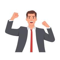 Young man winning at work. Businessman with strong emotions on his face wearing business suit. Fist up happy. vector