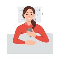 joven mujer ronquidos acostado en el cama, ronca ruidosamente con abierto boca mientras profundo dormir participación teléfono. atrapando algunos zzz. dormir apnea, ronquidos. plano vector ilustración aislado en blanco antecedentes