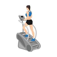 Woman character doing Cardio, stair master exercise. flat vector illustration