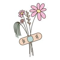 a bouquet of flowers glued with a medical band aid vector