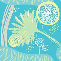 Seamless tropical landscape pattern with palm tree, lemon, dandelion. Abstract vector