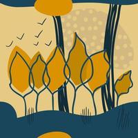 Seamless landscape pattern in memphis style with leaves, trees, abstract elements vector