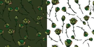 Pattern with decorative tulips on green and white background. Seamless texture for design vector