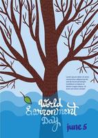 mundo ambiente día póster. junio 5 5 letras. vector ilustración con árbol, inundar desastre y el último hoja