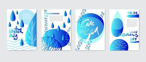 eco cubiertas, plantillas colocar, carteles con geométrico, gota, agua de lluvia, naturaleza elementos. vector ilustraciones. agua día, ambiente día, océanos día