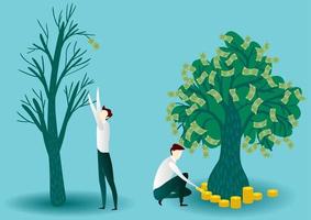 crisis empresario y su árbol sin dinero. exitoso empresario abonar dinero árbol por monedas vector