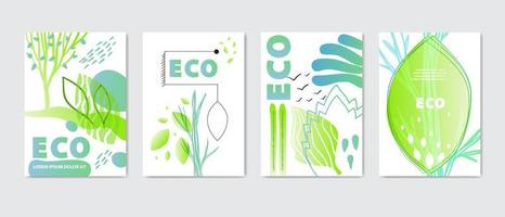 Eco covers, templates set, posters in memphis and hipster style with geometric and nature elements. Vector illustrations