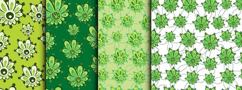 Set of 60s style decorative chamomile patterns. Endless retro texture. Lace. Green flowers