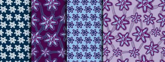 Set of 60s style decorative chamomile patterns. Endless retro texture. Lace. Purple flowers vector
