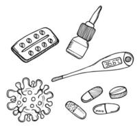 Flu doodle drawing collection. Elements such as medicine, thermometer, viruses, etc are included. Hand drawn vector doodle illustrations isolated over white background.