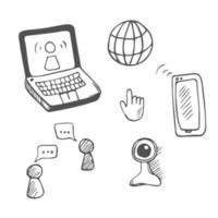 Set of vector doodle element related to work from home. Set of hand drawn work from home symbols and icons.