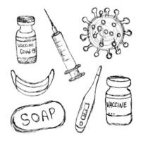 hand drawn Simple Set of Vaccine Related Vector Line Icons in doodle style. isolated elements. Syringe, covid bacteria sign,soap,termometre,mask