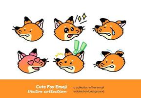 A set of cute fox emojis pleading, showing love, crying, and showing shock, isolated on a background vector illustration.