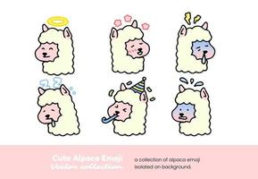 A set of cute alpaca emojis with halos, partying, feeling sick, and sleeping, isolated on a background vector illustration.