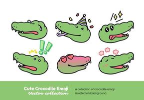 A set of cute crocodile emojis showing partying, scaring, feeling sick, and sleeping, isolated on a background vector illustration.