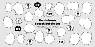 Set of simple, hand-drawn speech bubbles or balloons, including dialogue, comic text, and word balloons. Vector illustrations.