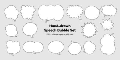 Set of simple, hand-drawn speech bubbles or balloons, including dialogue, comic text, and word balloons. Vector illustrations.