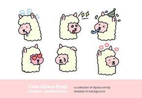 un conjunto de linda alpaca emojis demostración dormir, Suplicando, ir de fiesta, y llanto, aislado en un antecedentes vector ilustración.
