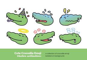 A set of cute crocodile emojis showing partying, scaring, feeling sick, and sleeping, isolated on a background vector illustration.