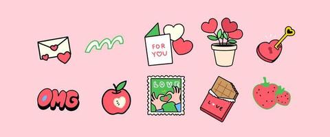 Set of cute vector love stickers for daily planner and diary. Collection of scrapbooking design elements for valentines day.