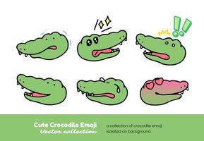 A set of cute crocodile emojis showing partying, scaring, feeling sick, and sleeping, isolated on a background vector illustration.