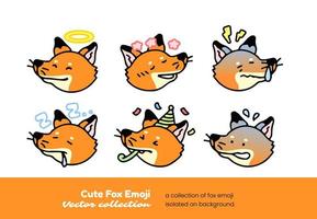 A set of cute fox emojis with halos, being shy, feeling sick, and sleeping, isolated on a background vector illustration.