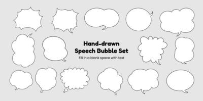 Set of simple, hand-drawn speech bubbles or balloons, including dialogue, comic text, and word balloons. Vector illustrations.