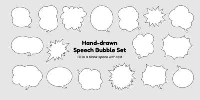 Set of simple, hand-drawn speech bubbles or balloons, including dialogue, comic text, and word balloons. Vector illustrations.