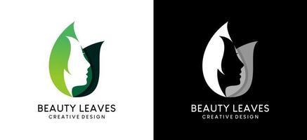 woman face with negative space in leaf for pure beauty logo design, natural beauty vector